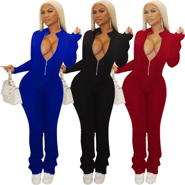 

2021 the most fashionable commodity solid color pocker slim fit jumpsuits women