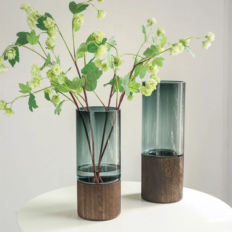 

Modern glass and wooden base luxury vase table home decor flower vases 2021, Picture