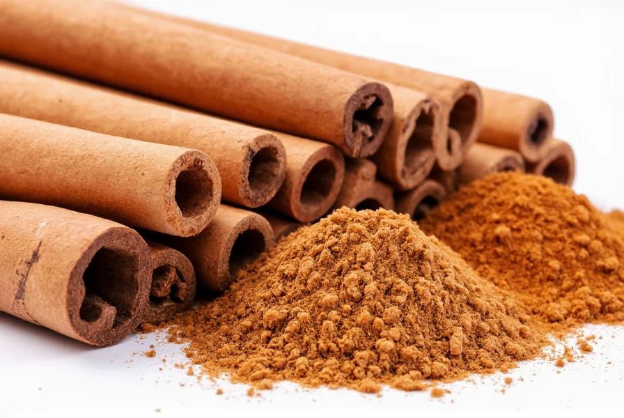 Close-up view of cinnamon sticks and ground cinnamon showing texture and color variations between Ceylon and Cassia varieties