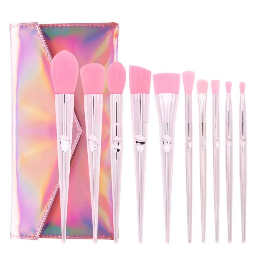 

HZM Factory Wholesale 10pcs Rose Gold Plastic Plating Handle Blush Make Up Brushes Girls Daily Makeup Brush Set, Customized