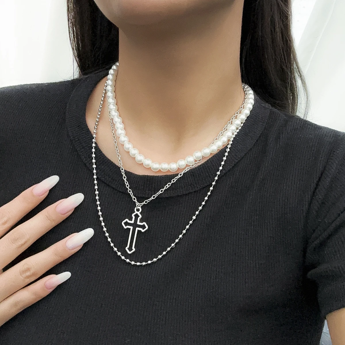 

SHIXIN Fashion Hip Hop Style Cross Beaded Collarbone Chain Cold Wind Pearl Punk Necklace Multi-layer Necklace Gift Set Men Women