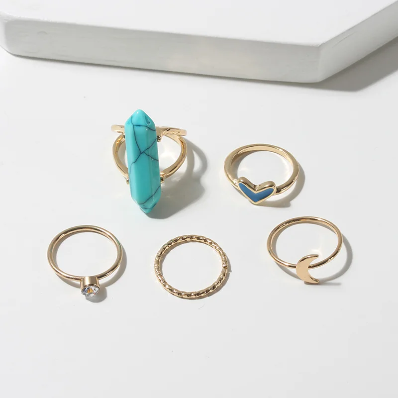 

5 pc/set Big Turquoise Rings Set For Women Gold-color Metal Heart Shape Hyperbole Style Crystal Fashion Knuckle Rings Jewelry