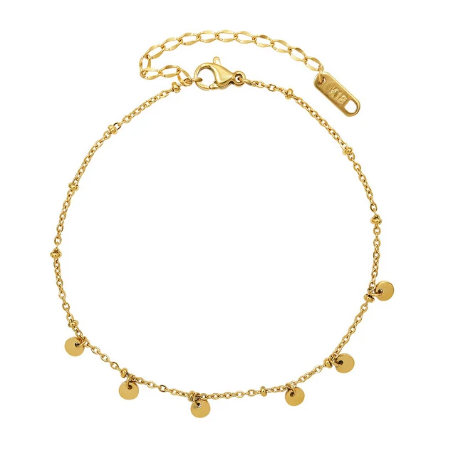 

18K Stainless Steel Foot Jewelry thin Chain Petal Disc Pendant Anklet, Gold