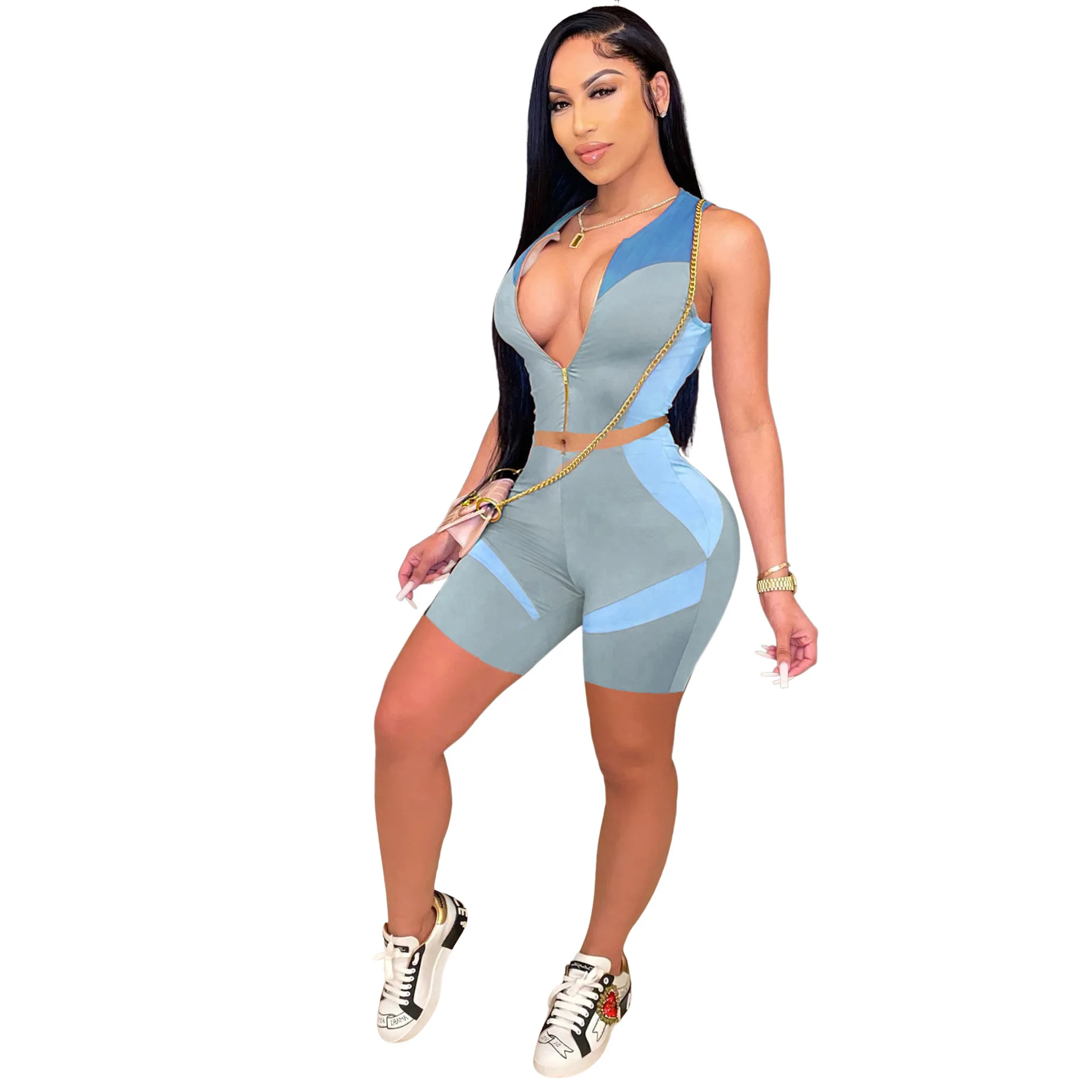 

Contrast Color Sleeveless Zip Shirt Shorts Casual Two Piece Sets Two Piece Outfits Tracksuits For Women, 7colors in stock