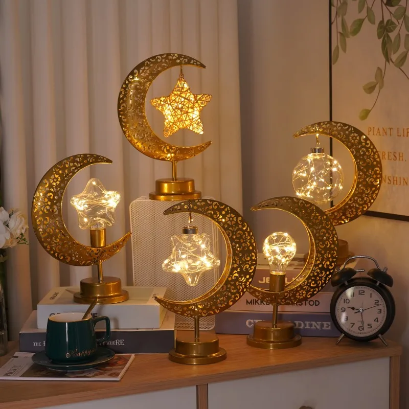 

EID mubarak ramadan decor lights islamic gift metal crafts LED battery moon star table ramadan lamps for ramadan decorations