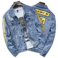 

2019 New Ripped Denim Jacket Light Blue Denim Jacket Fashion Print Bomber Jeans Jacket For Men