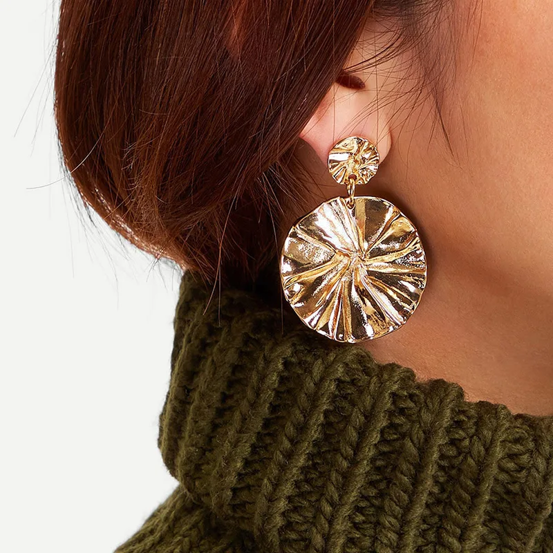 

Gold Metal Geometric Rugged Round Shaped Drop Earrings For Ladies Accessories, As picture