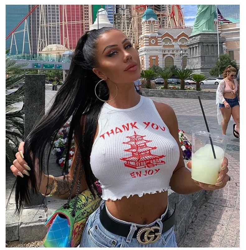 

summer women crop top tank top tops letter print sexy streetwear ruffles cute party white festival clothes