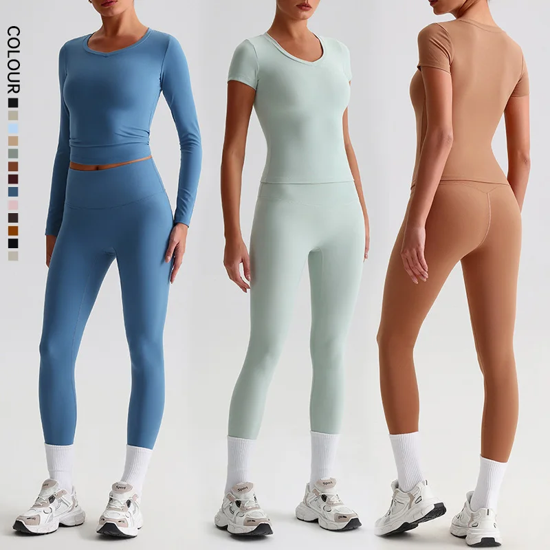 SHINBENE Hi Cloud Yoga Outfits Sweatsuit Plain High Waist Leggings Short Sleeve Top Sets Activewear