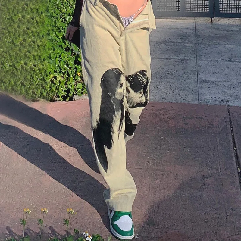 

New Hot Sell 2022 Portrait Graphic High Waist Straight Wide Led Pants Women Corduroy Long Trousers Love&Roses Pants Street Wear, Picture
