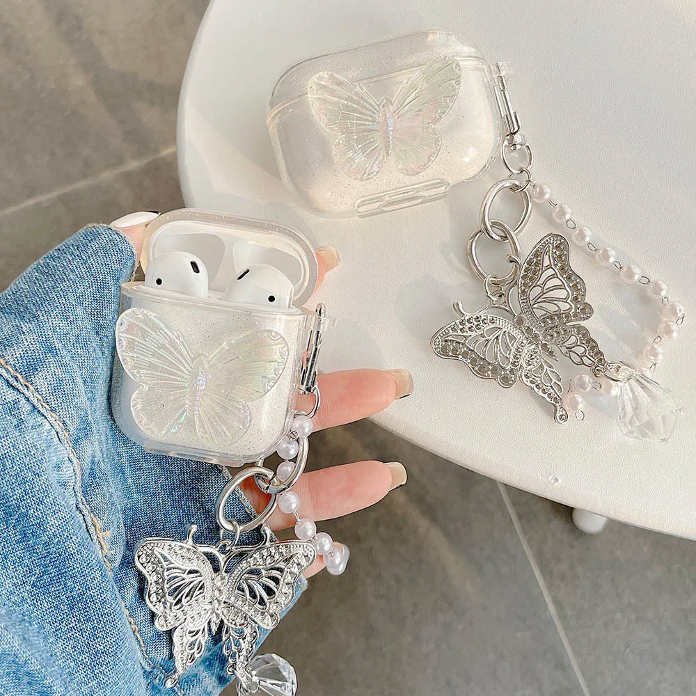 

3D Cute Butterfly Fund Airpods Pro Case for Air Pods 1 2 Case with pendant pearl chain Soft transparent earphone accessory case