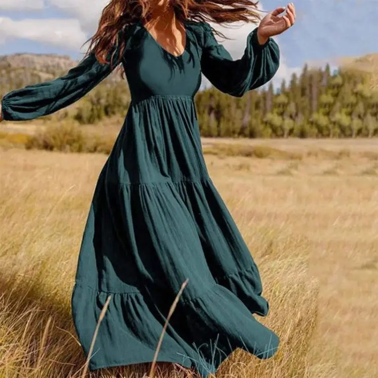 

Wholesale Custom New Women Lady Girls Summer Long Sleeve Printing Dresses V-Neck Long Casual Beach Holiday Dress