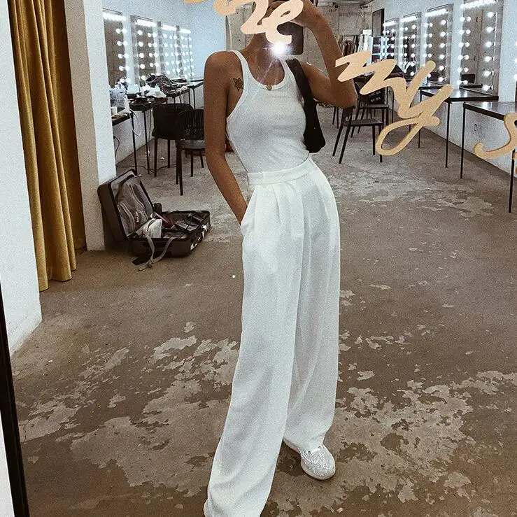 

Runwaylover E246 White high-waisted broad-legged trousers Vertical Sense Summer Slim Loose Chiffon Straight Tug Pants