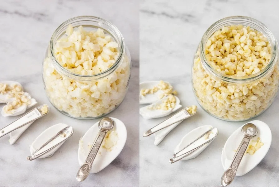 Side-by-side comparison of fresh minced garlic versus jarred minced garlic in measuring spoons