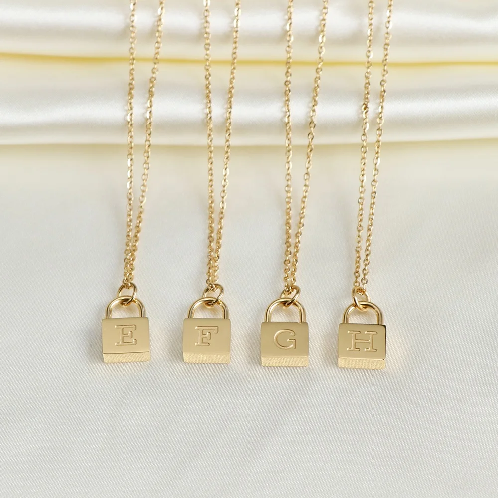 

minimal 18K gold plated stainless steel custom letter engraved lock pendant necklace for women men, Silver , gold ,rose gold, black