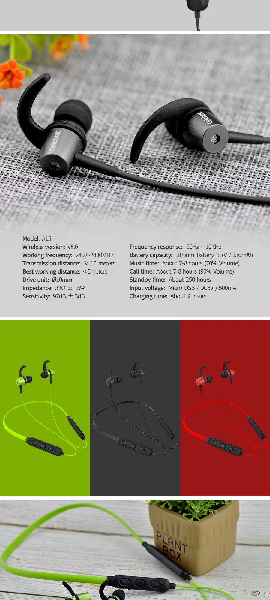 Hot sale A15 neckband sport wireless earbuds headphones with microphone - ANKUX.COM