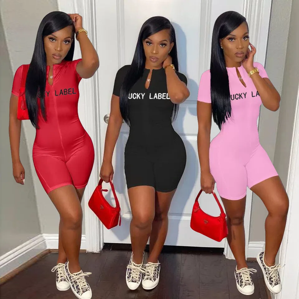 

MD-20051105 Lucky Label Summer Jumpsuit 2021 Women Embroidered Letters Short Jumpsuit One Piece Rompers Womens Jumpsuit