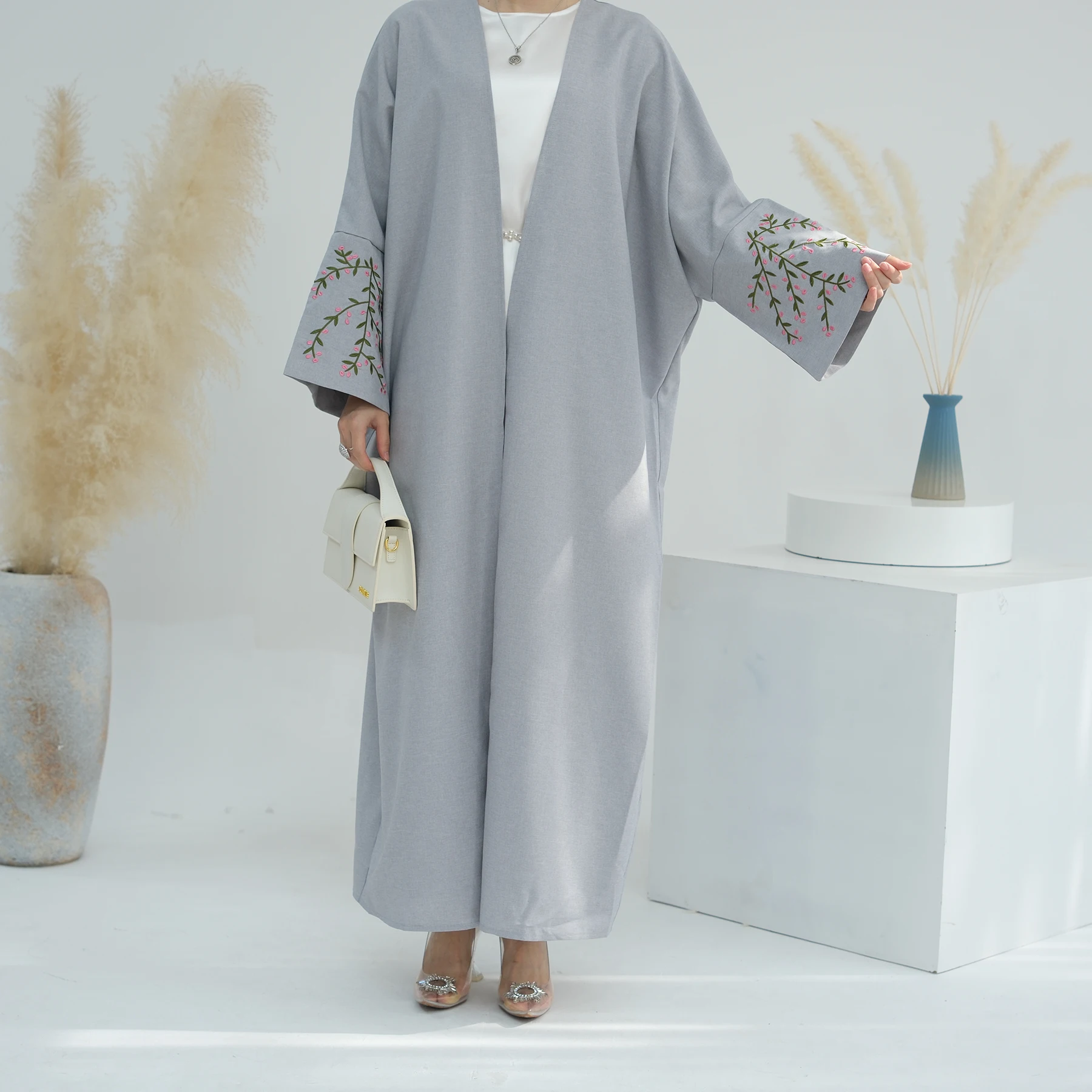 Loriya 2024 EID Ramadan Floral Embroidery Abaya Modest Clothing Dubai Abaya Turkey Linen Kimono Islamic Clothing
