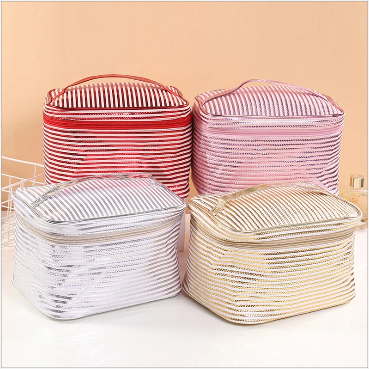 

Classic striped printed women's bag portable cosmetic bag cute toiletry bag for women, 4 color