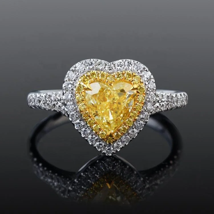 Two Tone Gold Natural Fancy Heart Cut Yellow Diamond Double Halo Engagement Ring