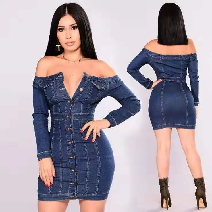 

High Quality Women Jeans Off Shoulder Dresses Washed Sexy Long Sleeve Denim Dress Lady, Dark blue