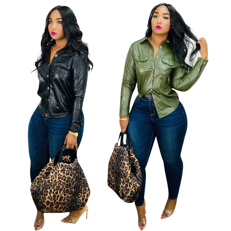 

W8509 New arrival pu leather jacket women clothes 2020 shirt tops