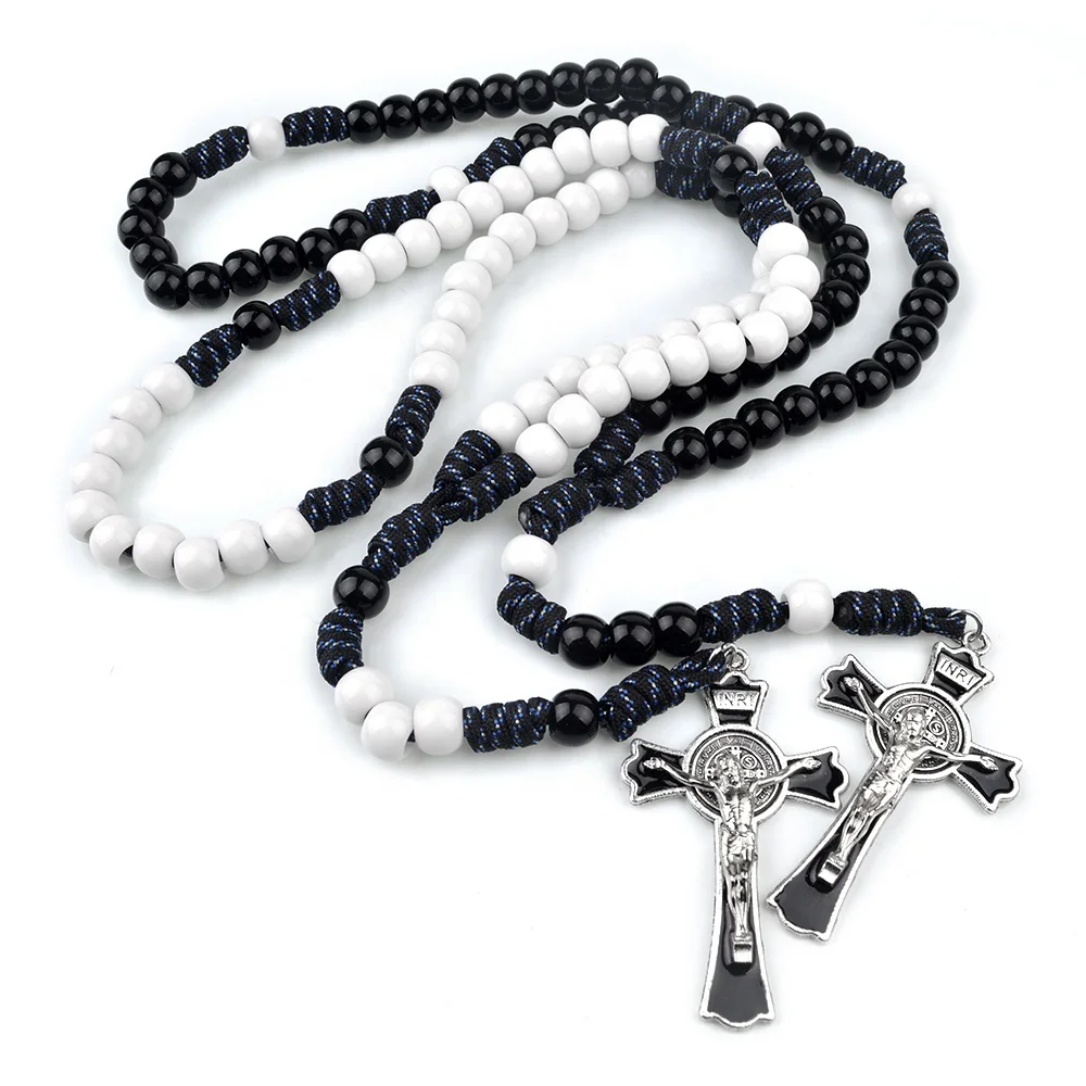 

Paracord Rosaries for Soldier 12mm Black White Acrylic Beads Catholic Men Rugged Rosary