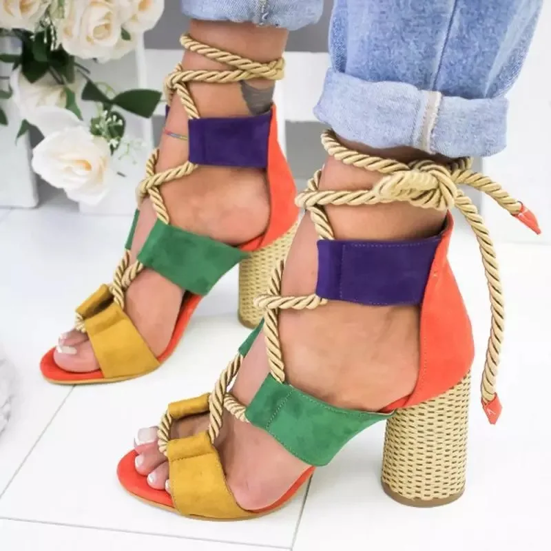 

Amazon AliExpress Hot Sale Women's Sandals Plus Size Color Blocking High Heel Ankle Strap Sexy Women Sandals