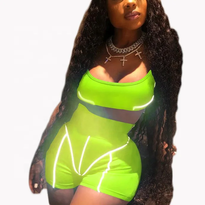 

2020 New Style Women Neon Green Short Set Sports Biker Outfits Patchwork Reflective Two Piece Set, Neon/black/orange