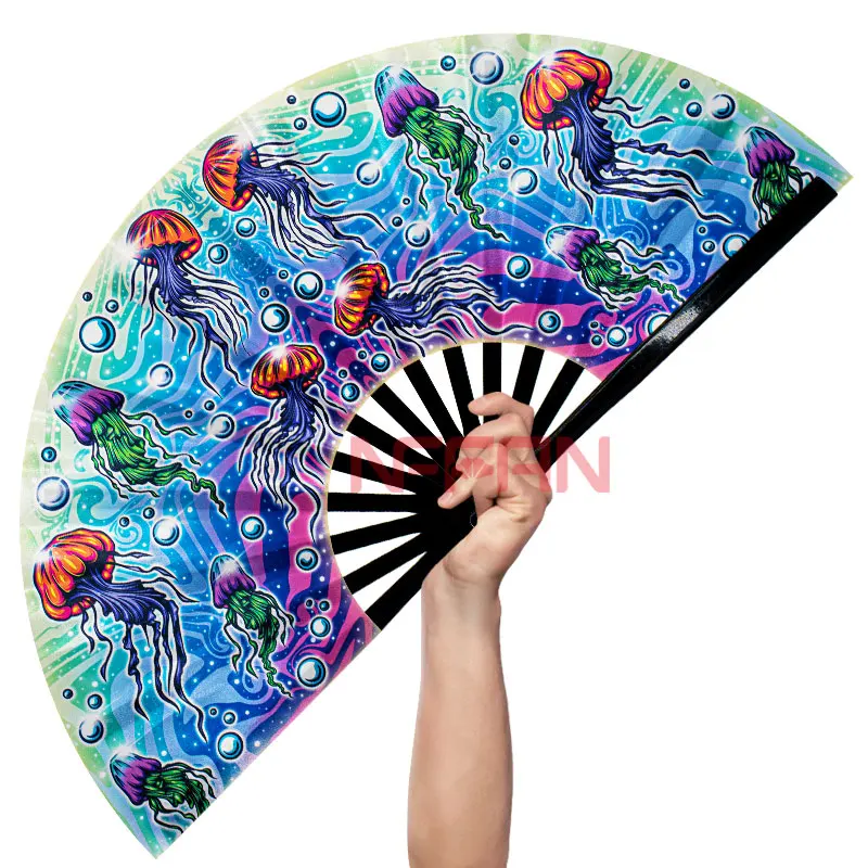 

In Stock 33cm Large Folding Loud Clack Bamboo Wooden Hand Held Fan for Rave Festivals Accessories