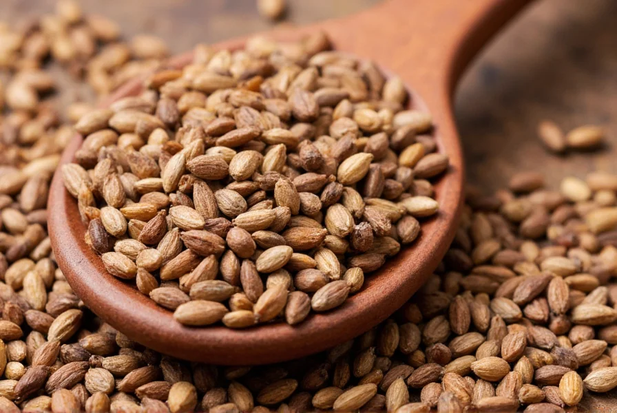 Close-up view of whole cumin seeds on wooden spoon with spice background