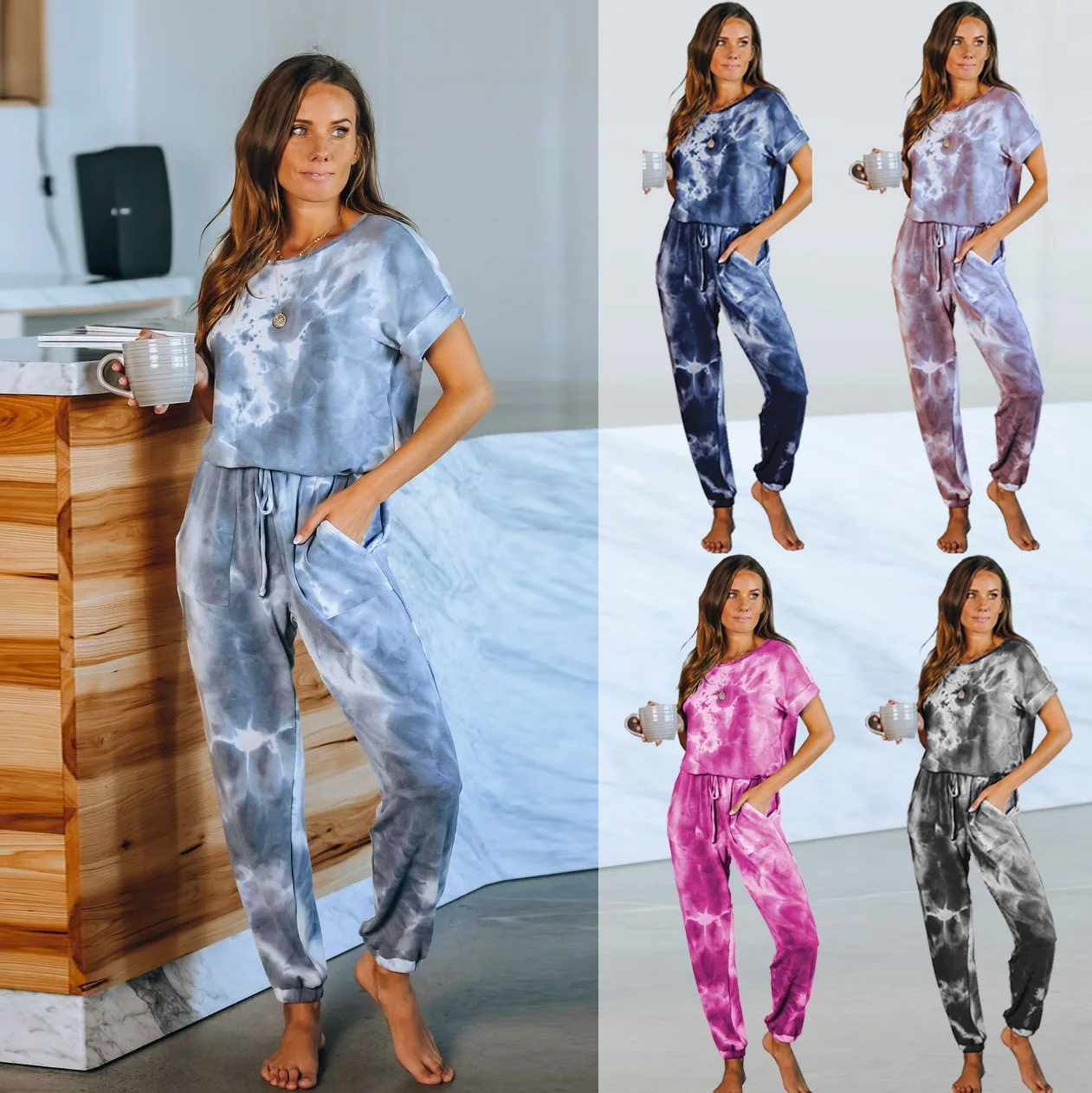 

FS2610A New style women Casual Tie Dye Drawstring Short Sleeve Jumpsuit