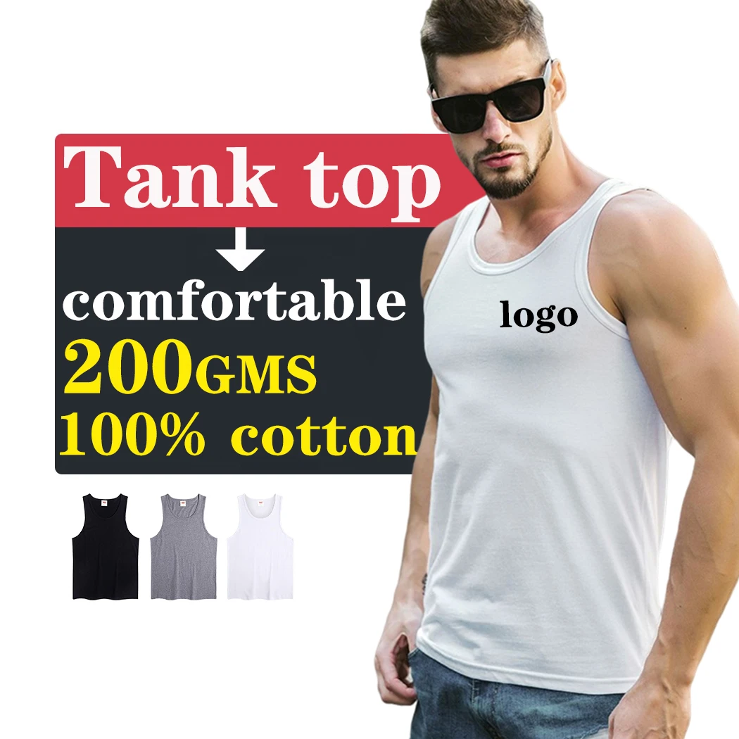 

custom logo print sports mens tank top 100%cotton sleeveless travel vest gym tank top