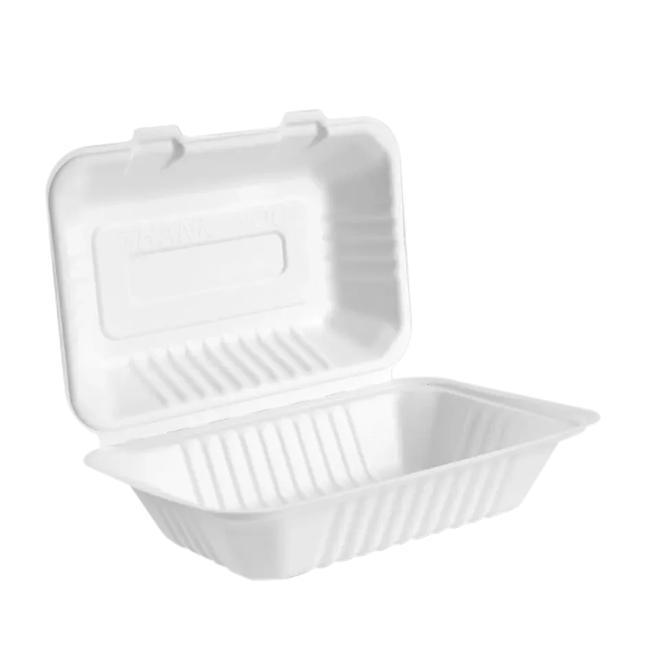 

No PFAS 9X6 Inch Clamshell 900ml Microwave Safe Leakproof Eco Bagasse Biodegradable Disposable Catering Box for Lunch