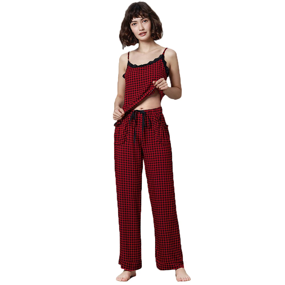 

2021 summer red plaid sexy camisole lace pajama set two piecce lounge wear pijama night suits nightdress for women female lady