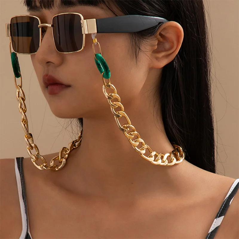 

2021 New design hip hop European gold plated wide cuban chain sunglasses chain holder women glasses chain necklace