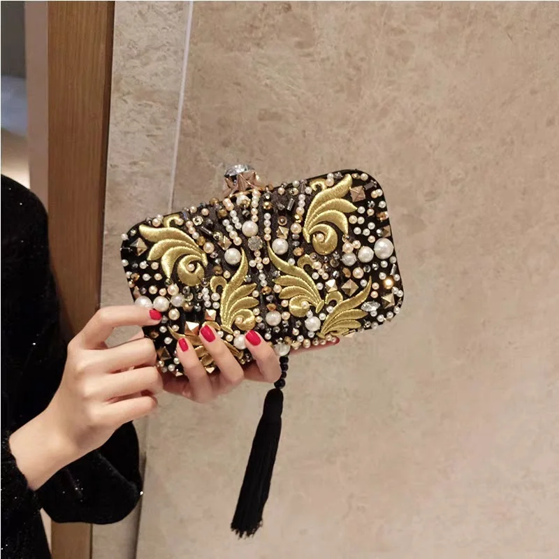 

Hot sales fashion Embroidered party dinner bag High quality black Diamond Tassel clutch wallet, Accept customized )