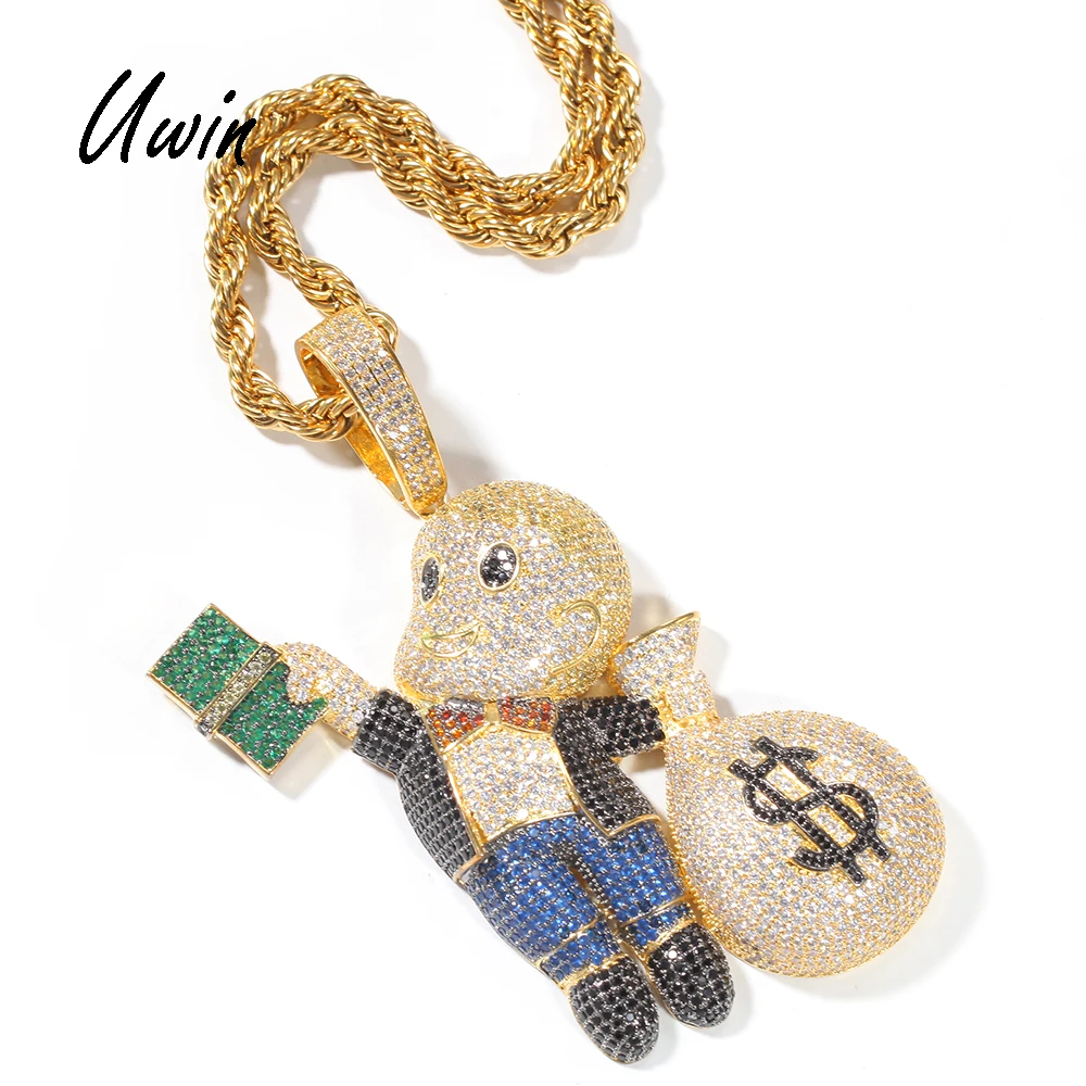 

Hip Hop Iced Out CZ Rich Boy Money Bag Big Pendant Bling Jewelry Gift for Men Women, Colored cz, gold and platinum plated