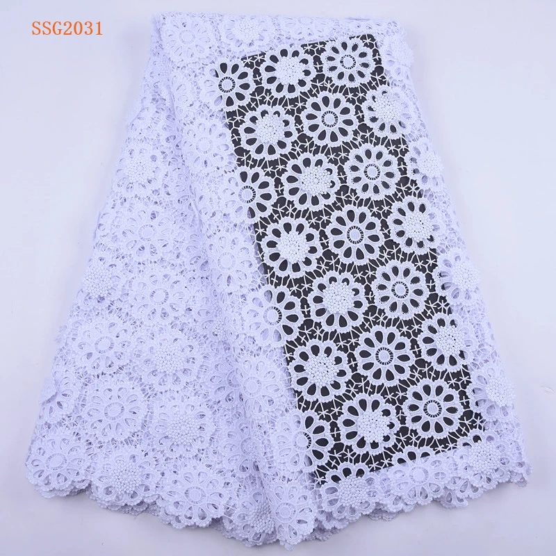 

Pure White 3D Flower African Water Soluble Lace Fabrics 5 Yards French Net Lace With Stones Guipure Cord Lace Fabric 2031