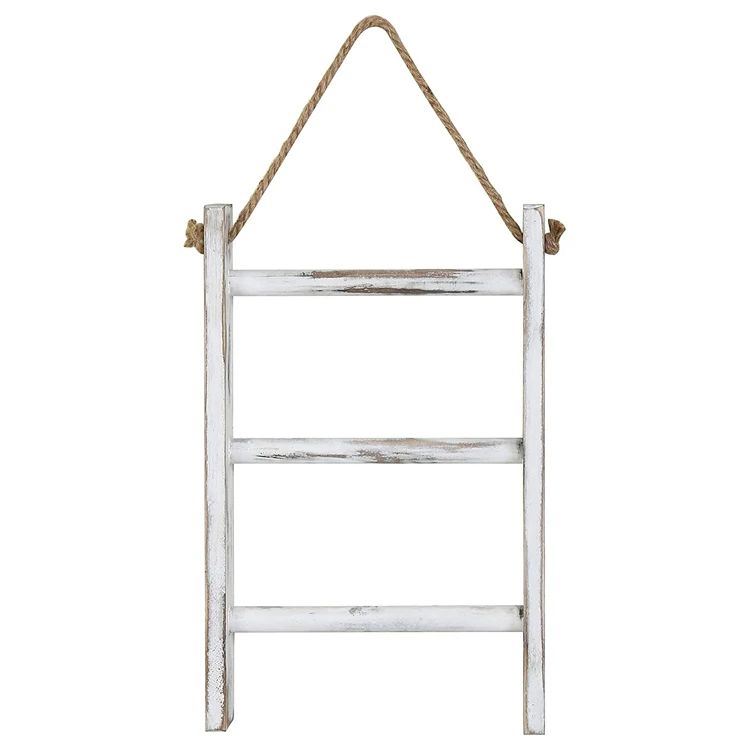 3 Tier Mini Whitewashed Wood Wall Hanging Hand Towel Storage Ladder with Rope