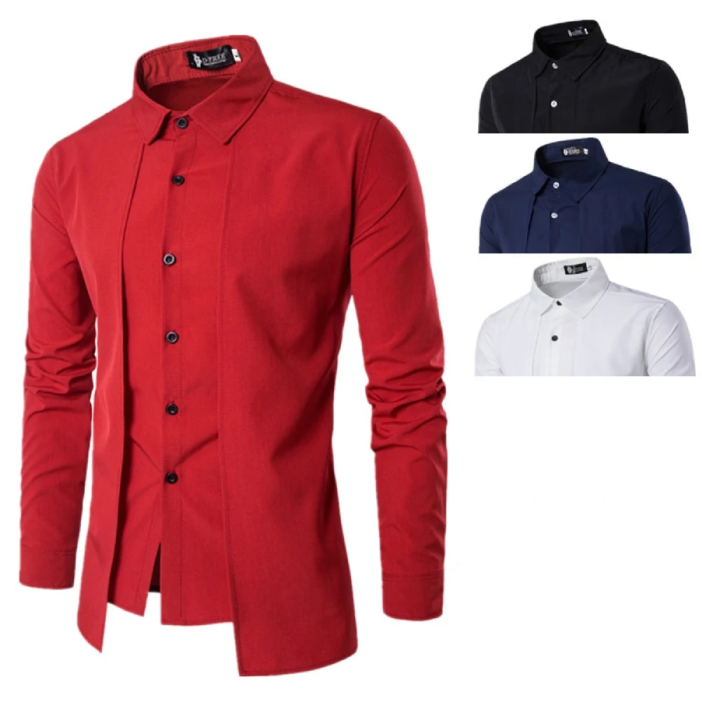 

Wholesale Men New Arrival Court Style False Two Pieces Shirt Long Sleeve Lapel Collar Button Solid Color Casual Shirt