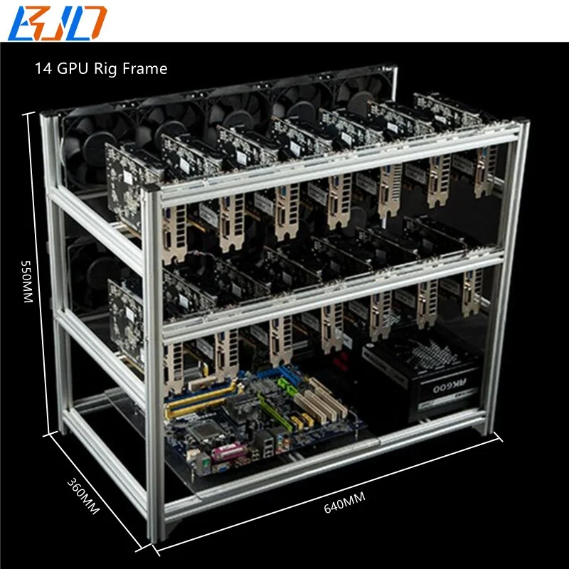 

14 GPU Aluminum Stackable Open Air Bitcon Ethereum Miner Mining Rig Rack Case Computer Tower ETH Miner Frame Rig, Silver