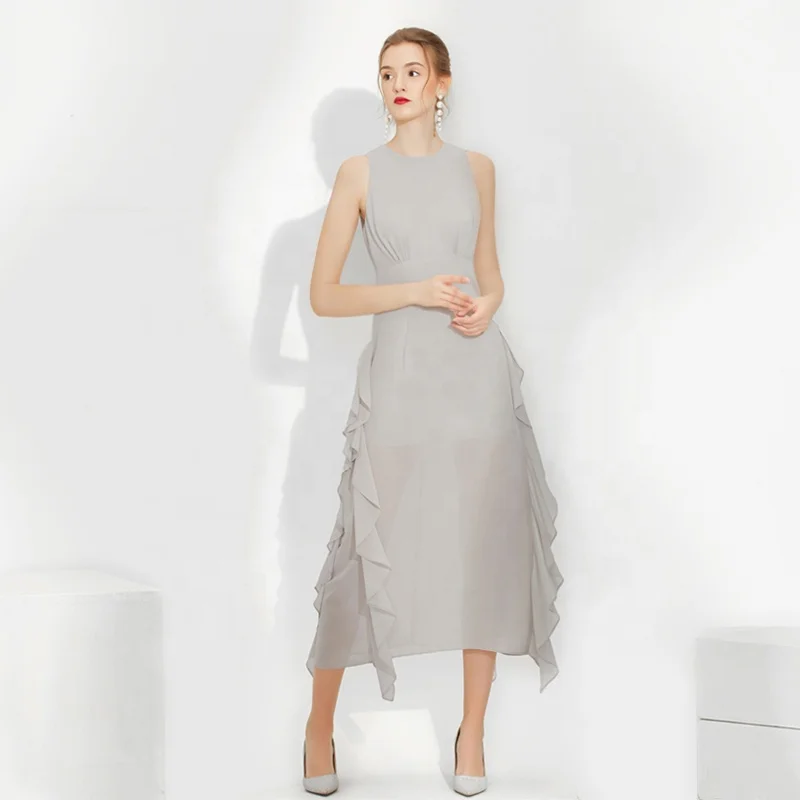 

2020 New Summer Women Chiffon Ruffle Sleeveless Banquet Evening Party Maxi Dress