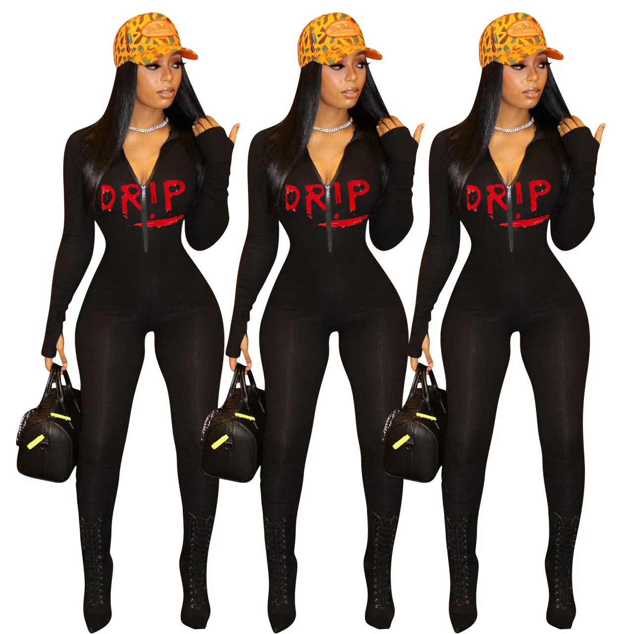 

2021 Women Sexy V Neck Zipper Rompers Womens One Piece Workout Long Sleeve Fitness Jumpsuit