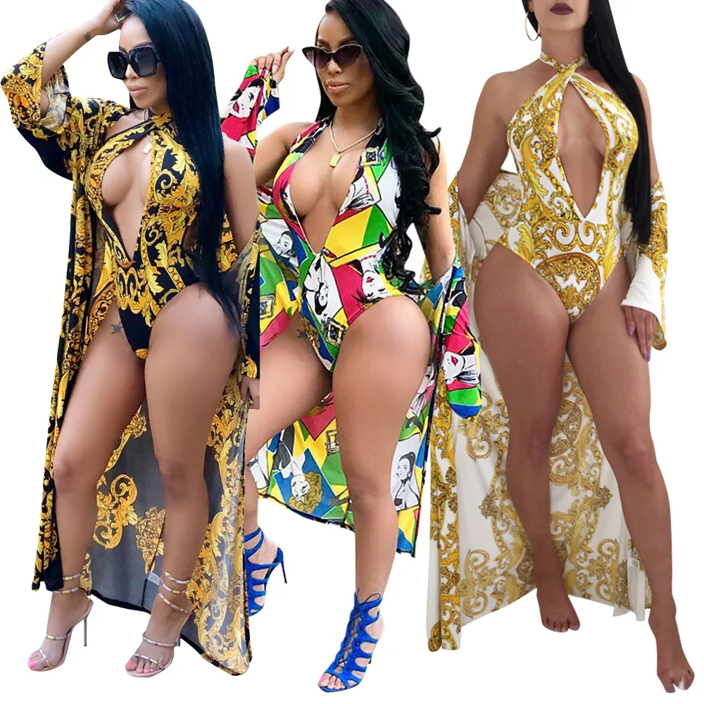 

Women spring summer fashion sexy print cape sexy bikini two piece set, Picture