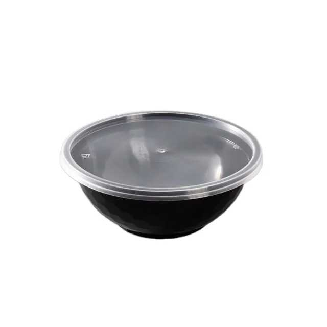 

1050 round shape disposable hard takeaway bowls with lid for noodles/soup/salad, White,black