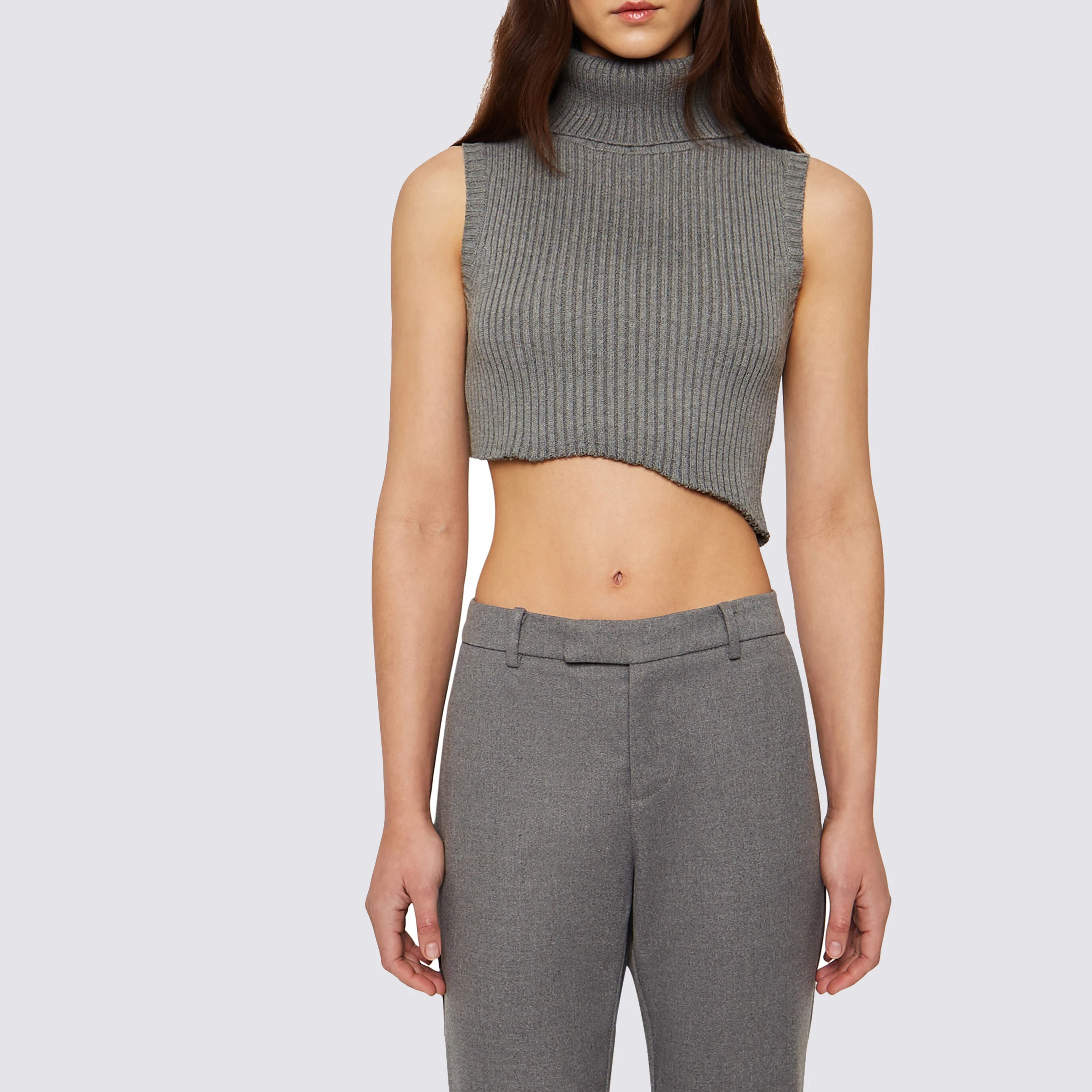 

Womens Fashion Clothing Asymmetrical Hem Ribbed Sweater Crop Top Europe Turtleneck Knit Style Tank Top, Customized color