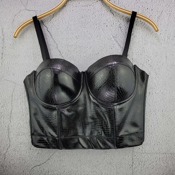 

High Quality Crocodile PU Eco-friendly Faux Leather Adjustable Spaghetti Strap Tube Female Ladies Crop Top Bra Bustier For Women