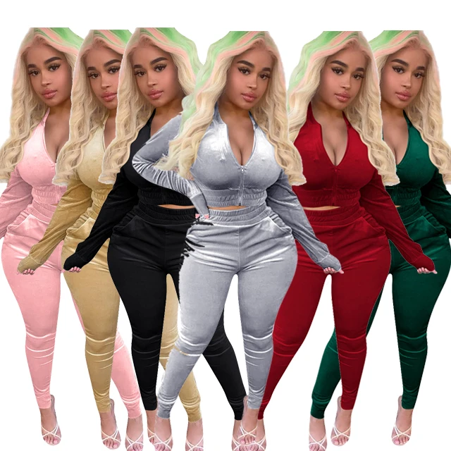 

GX185 wholesale solid color velvet sweatsuit women winter set fashion velvet tracksuits for women, Picture