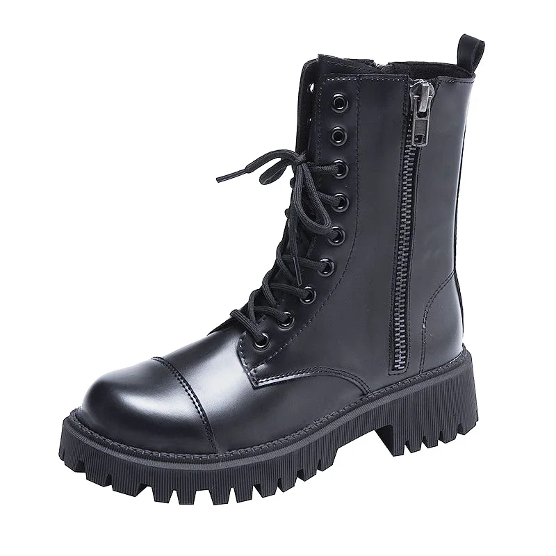 

Latest Fashion Women Military Microfiber Leather Platform Double Side Zipper High Tube Safety Combat Army Work Boots, Black